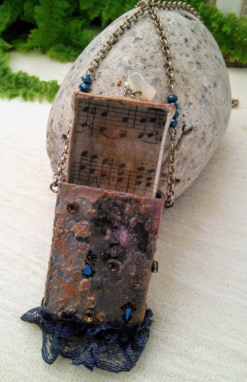 Matchbox Music Mixed Media Necklace Rice Paper Indian Bindi Blue Lace Metal Chain Turquoise Glass Beads Deco Stones Vintage Romantic Boho