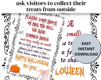 Halloween Trick or Treat no callers no knock dont ring bell door sign A4  US Letter PDF. Zombies Collect from outside Instant download print