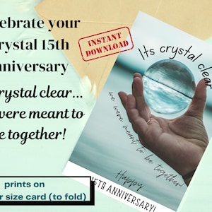 Descarga en PDF de la tarjeta de felicitación imprimible del 15.º aniversario. Aniversario de cristal, ideal para hombres o mujeres. Imprima y doble en tarjeta tamaño CARTA EE. UU.