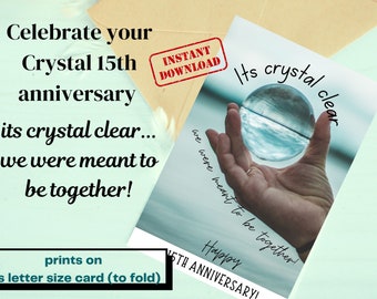 15th anniversary printable greeting card PDF download. Crystal anniversary, great for men or women. Print and fold on US LETTER size card