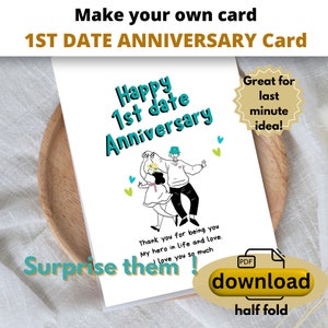 Descarga imprimible de la tarjeta de aniversario de la primera fecha, pareja de baile. Se incluyen medio tamaño de carta de EE. UU. y tarjeta A5 de tamaños A4.