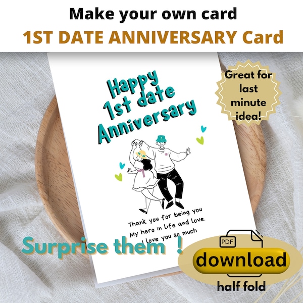 First date anniversary card dancing couple printable download.Half size from US letter and A5 card from A4 sizes included.