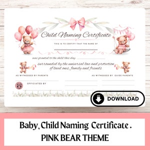 Certificado de nomeação de bebê, certificado de dia do nome A4 e download para impressão dos EUA. Tema de ursinho de pelúcia ROSA. Impressão e presente ou uso pessoal.