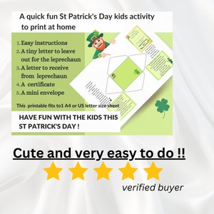 Actividad para niños para imprimir en el Día de San Patricio: atrapar a un duende. Juego de Paddy's Patty. Nota, carta y sobre con certificado de poema