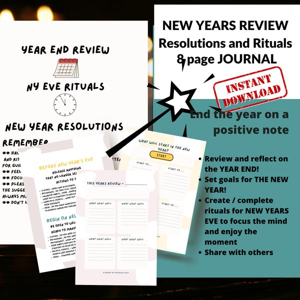 New Years Rituals,review and resolutions journal in A5 A4 and US letter size PDF download. Review, plan ,resolutions, New years Eve rituals