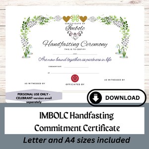 IMBOLC Handfastningsintyg: DIY-minnesmärke för bröllopsceremonin PDF-nedladdning Utskrivbar