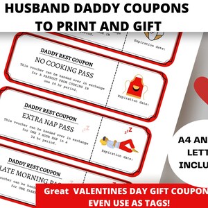 Echtgenoot papa Valentijnsdag liefdesbonnen, cadeaukaartjes, ouderpassen. Lastminute thuis afdrukken. Taken slapen zonder kak pdf A4 US letter