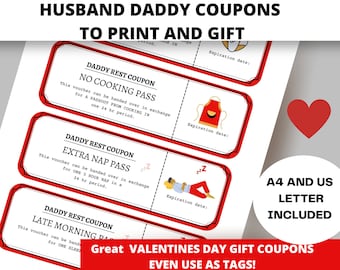 Husband daddy Valentines day love coupons , gift tags, rest parent passes. Last minute print at home. Sleep no poop duties PDF A4 US letter