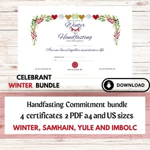 May include: A printable certificate for a Winter Handfasting ceremony. The certificate features a wintery floral design with red and green leaves and hearts. The text reads "Certificate of Winter Handfasting" and "This is to certify that... are now bound together as partners in life".