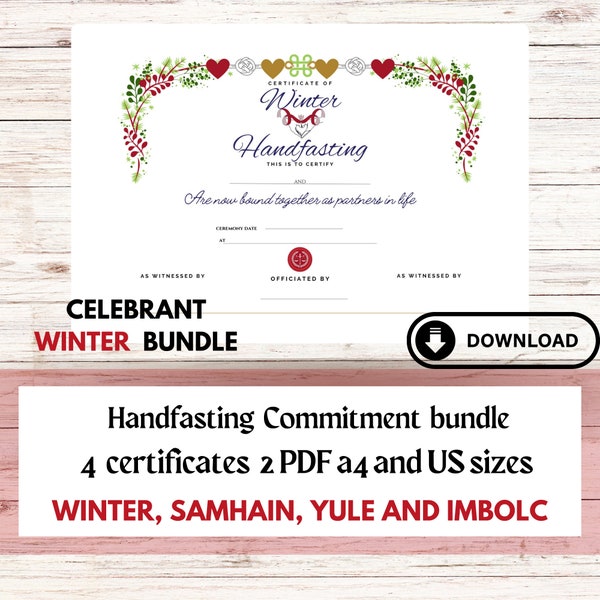 Celebrant handfasting certificates bundle. WINTER 4 Pagan commitment in life. A4 , US size PDF downloads.Winter, Samhain, Yule, Imbolc