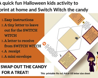 Switch Witch Halloween kids printable activity. Swap candy for treats. Swap trade candy for treats.Single page US and A4 PDF download option