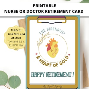 Krankenschwester Ruhestand druckbare Karte. 5 x 7 inch auf US und A4 PDF.Geburtskarte mit einem Herz aus Gold