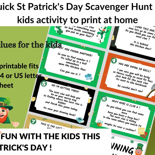 St Patrick's Day scavenger hunt game for kids. a printable Paddys day kids activity. The Patty's game incs poem clues to find the treats.