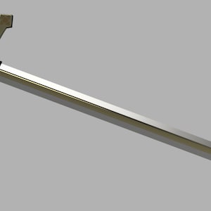 May include: A gold and black sword with a long, straight blade and a cross-shaped guard.