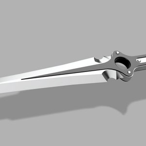 Peut inclure: Un couteau argenté avec une poignée noire et un anneau sur la poignée. Le couteau a une pointe acérée et un bord dentelé.