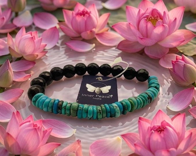 Featured listing image: 53)Beautiful Turquoise and black obsidian bracelets for good fortune.
