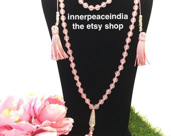 Beautiful Semi-precious stone Rose Quartz 108 beads Rosary for mantra japa/chanting.