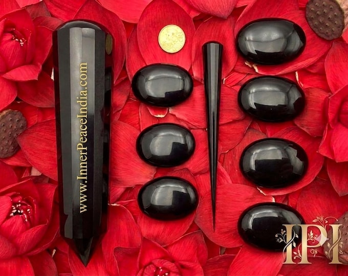 Featured listing image: 60) Beautiful Black Obsidian Set of GMCKS Pranic Healing Crystal Laser, 7 palm stones and disintegrator.
