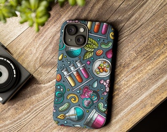 Può includere: Una custodia per telefono blu con un design a cartoni animati colorati che presenta provette, becher e altre immagini legate alla scienza.