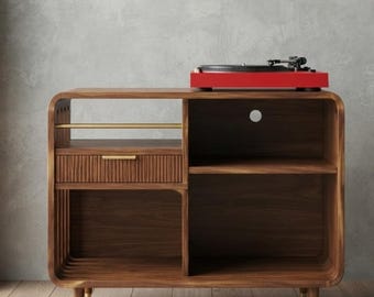 Mid-Century Modern style vinyl record cabinet, record storage cabinet, turntable stand.