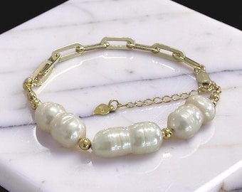 Gold Paperclip Chain Bracelet, Baroque Freshwater Pearls, June Birthstone Jewellery