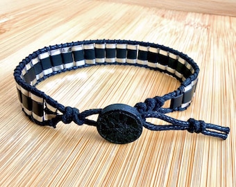Matte Black Hematite Beaded Bracelet, Handwoven Adjustable Wristband, Minimalist Style