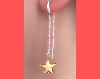 Gold Plated Sterling Silver Star Ear Threaders – Two Tone Celestial Drop Earrings