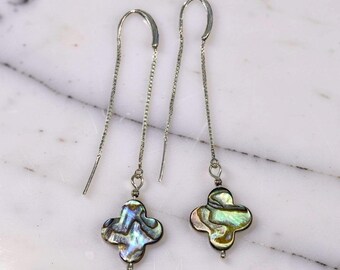 Clover Abalone Shell Sterling Silver Threader Earrings, Iridescent Ocean Charm