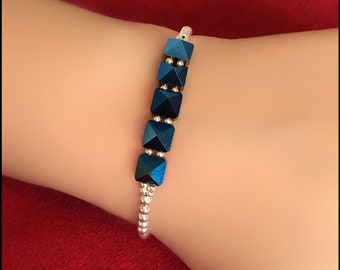 Blue Austrian Crystal Spike Bracelet, Sterling Silver Beaded Minimalist Jewelry