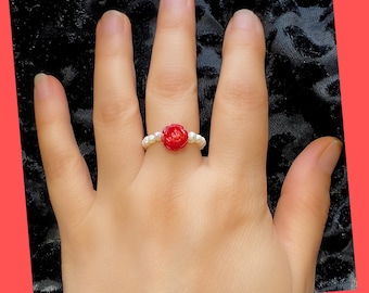Freshwater Pearl Beaded Ring with Coral Rose