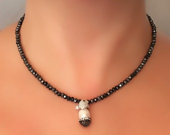 Keshi Pearl Acorn Pendant Choker | Sterling Silver Sparrow Bail, Black Shimmer Beads
