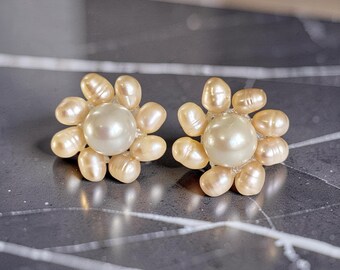 Handmade Freshwater Pearl Daisy Stud Earrings, Sterling Silver Floral Bridal Jewelry