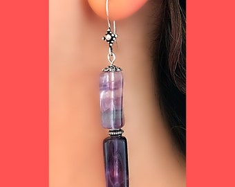 Sterling Silver Long Dangle Earrings, Twisted Fluorite Beads
