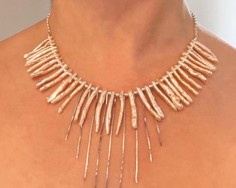Pink Spike Freshwater Pearl Necklace, Sterling Silver Chain
