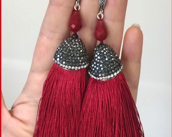 Red Tassel Earrings with Sterling Silver Marcasite Hooks | Boho Dangle Jewelry