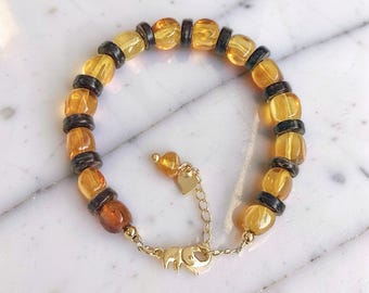 Amber & Wooden Bead Bracelet, Gold-Plated Sterling Silver Elephant Clasp Bracelet, Earthy Boho Wristband, Handmade Gift for Her