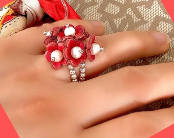 Red Daisy Ring with Freshwater Pearls | Sterling Silver Beaded Band Nature Jewelry