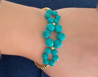 Floral Turquoise Bracelet, Gold Plated Sterling Silver Beads