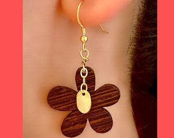 Wooden Daisy Earrings, Gold-Plated Sterling Silver, Flower Earrings