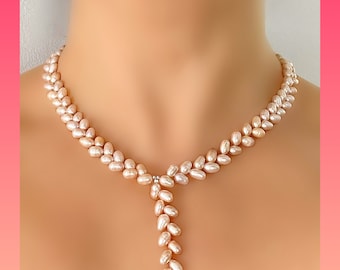 Pink Wheat Freshwater Pearl Necklace | Sterling Silver Y-Drop Bridal Jewelry