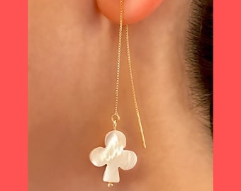 Club-Shaped Mother of Pearl Earrings, Gold-Plated Sterling Silver Threaders, Playing Card Earrings