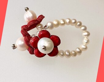 Handmade Daisy Ring with Freshwater Pearls and Red Leather Petals