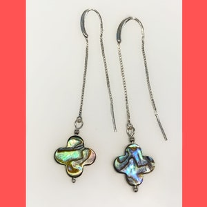 Clover Earrings/ Four leaf clover shaped abalone shell drop earrings, Lucky clover abalone and sterling silver earrings /