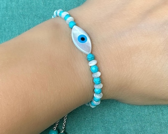 Evil Eye Bracelet: Turquoise Beads, MOP Shell, Sterling Silver