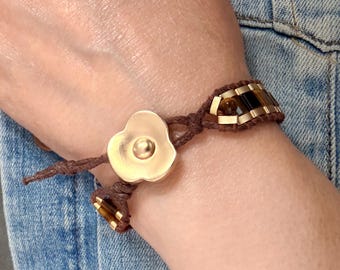 Tiger Eye Gold Hematite Wrap Bracelet, Boho Earthy Crystal Jewelry, Adjustable