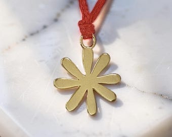 Gold Daisy Flower Necklace, Red Cord Necklace, Minimalist Floral Pendant, Simple Everyday Jewellery, Delicate Gift for Her