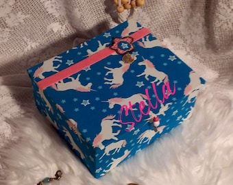 Stable children's box, name box, unicorns on blue, girls gifts, Easter, birthday, most beautiful order box art craft Bavaria