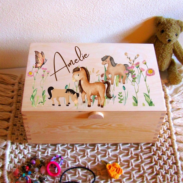 gr. 2tlg. Schmuckschatulle Ponywiese + Name u. Fächern, Mädchen, Pferde, Geschenk Box Geburtstag, Kinderschmuckkästchen, Holz Erinnerungsbox