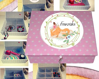 handgemachtes Mädchen-Schmuckkästchen "Füchslein fein", Namensbox, Geschenkbox, Geburtstags Geschenk personalisiert, Babybox, Fächerbox, Box