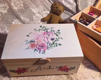 gr. 2tlg. 7 Fächer Schmuckkiste, Namensbox "Annelie" Boho Einhorn Rosen, Geschenkbox Kind, Mädchen Box, Kinderschmuckkästchen z Geburtstag